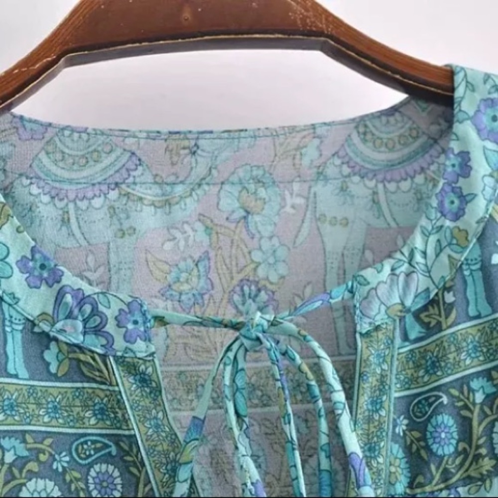 Bohemian Blue Floral Button Up Blouse Top - Picture 4 of 11